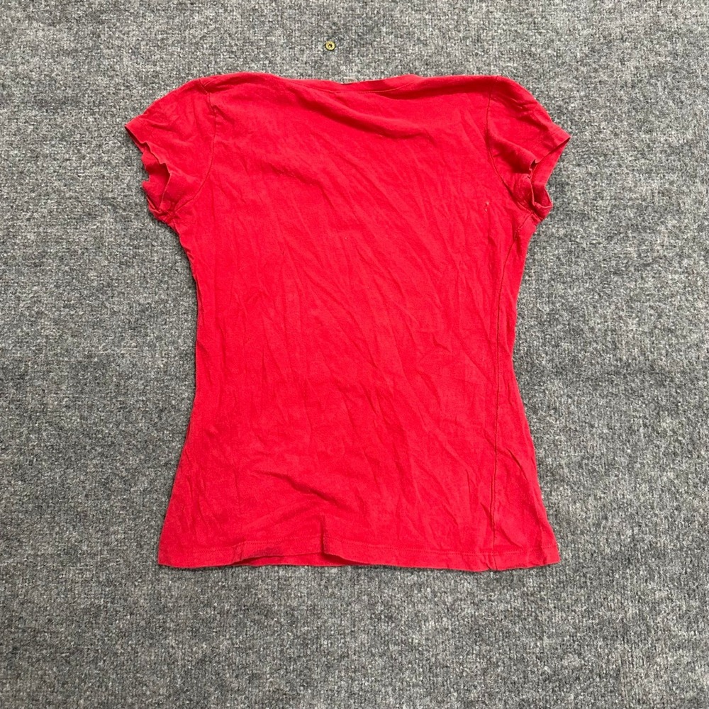 Bebe T-Shirt Womens Size XL Red Rhinestone Logo V-Neck Slim Fit Short Sleeve
